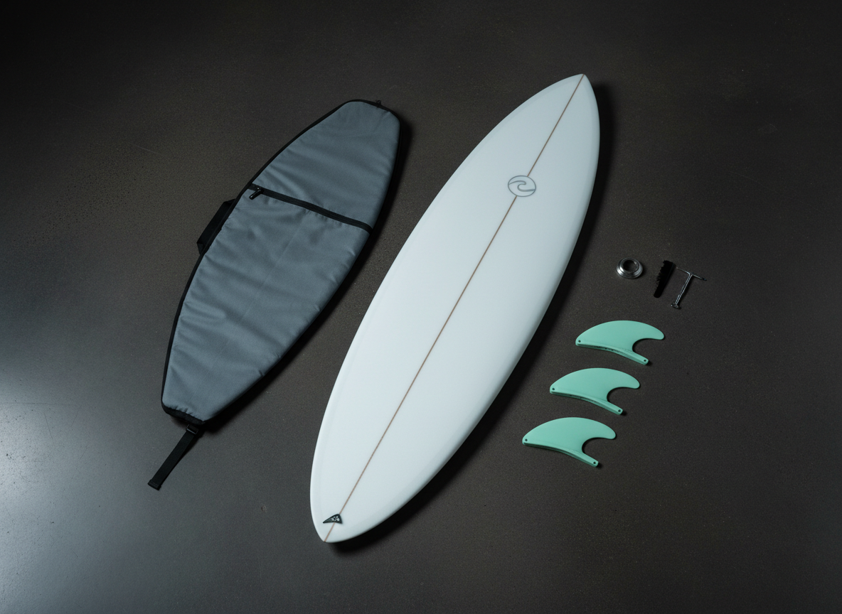A carefully staged flat-lay of a “ready-to-sell” surfboard setup on a smooth, dark concrete floor. At the center, a pristine mid-length surfboard with a satin white finish and understated grey logo is positioned slightly off-center. Around it, neatly arranged accessories hint at marketplace listing details: a folded, slate-grey board bag, a small wax comb, a fin key, and a set of mint-green fins aligned precisely. Cool, diffused studio lighting from above creates soft, even illumination with subtle shadows giving depth but no harsh contrast. Shot from a perfect bird’s-eye view, everything in sharp focus, the composition is clean, modern, and professional, evoking a trustworthy platform for buying and selling surfboards in realistic photographic style.