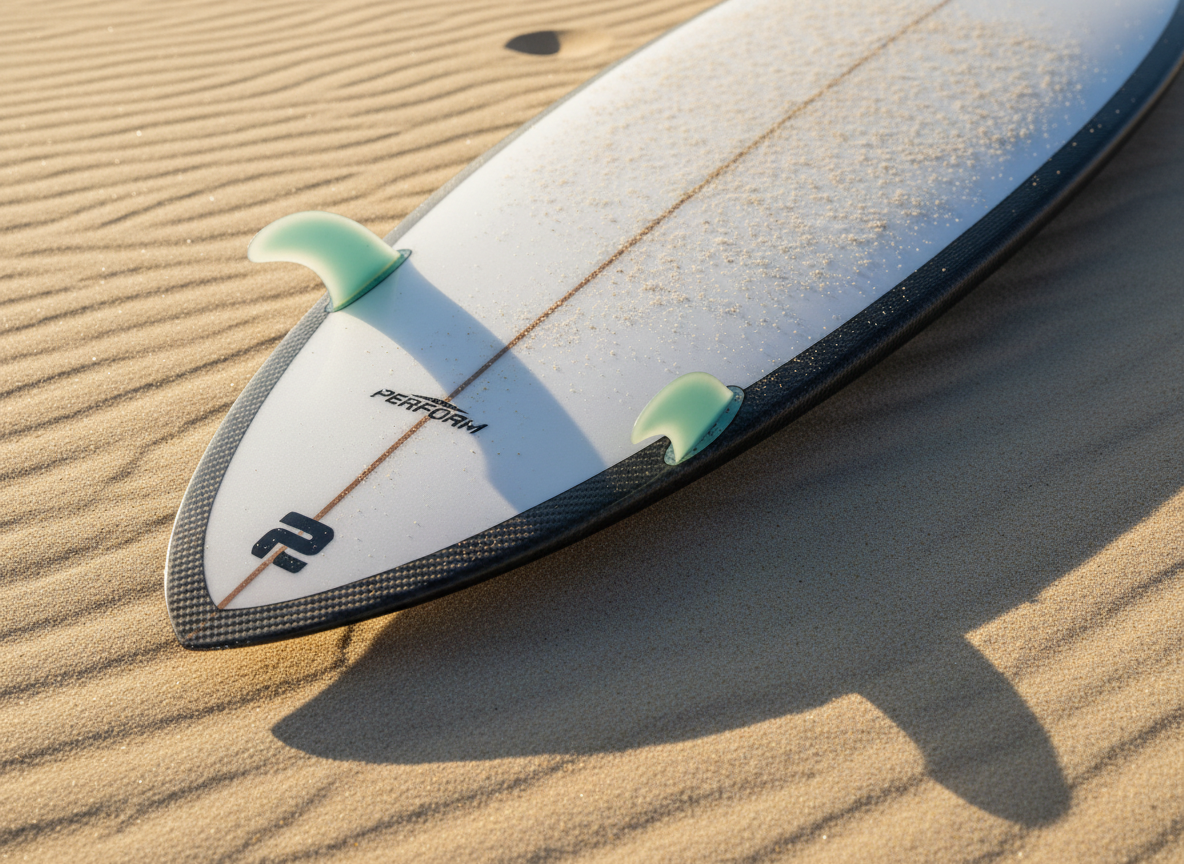 A close-up of a single high-performance shortboard surfboard lying diagonally on a clean, textured sand background, partially dusted with fine grains. The board has a sleek white deck with subtle carbon-fiber rails, three glossy fins in muted aqua, and a minimal black logo near the nose. Soft golden-hour sunlight washes across the scene from the upper left, creating delicate highlights along the rail and gentle shadows of the fins on the sand. Shot from a slightly elevated top-down perspective with a shallow depth of field, the tail in crisp focus and the nose falling gently out of focus. The mood is aspirational yet professional, emphasizing quality craft and performance in a realistic, editorial-style photograph.