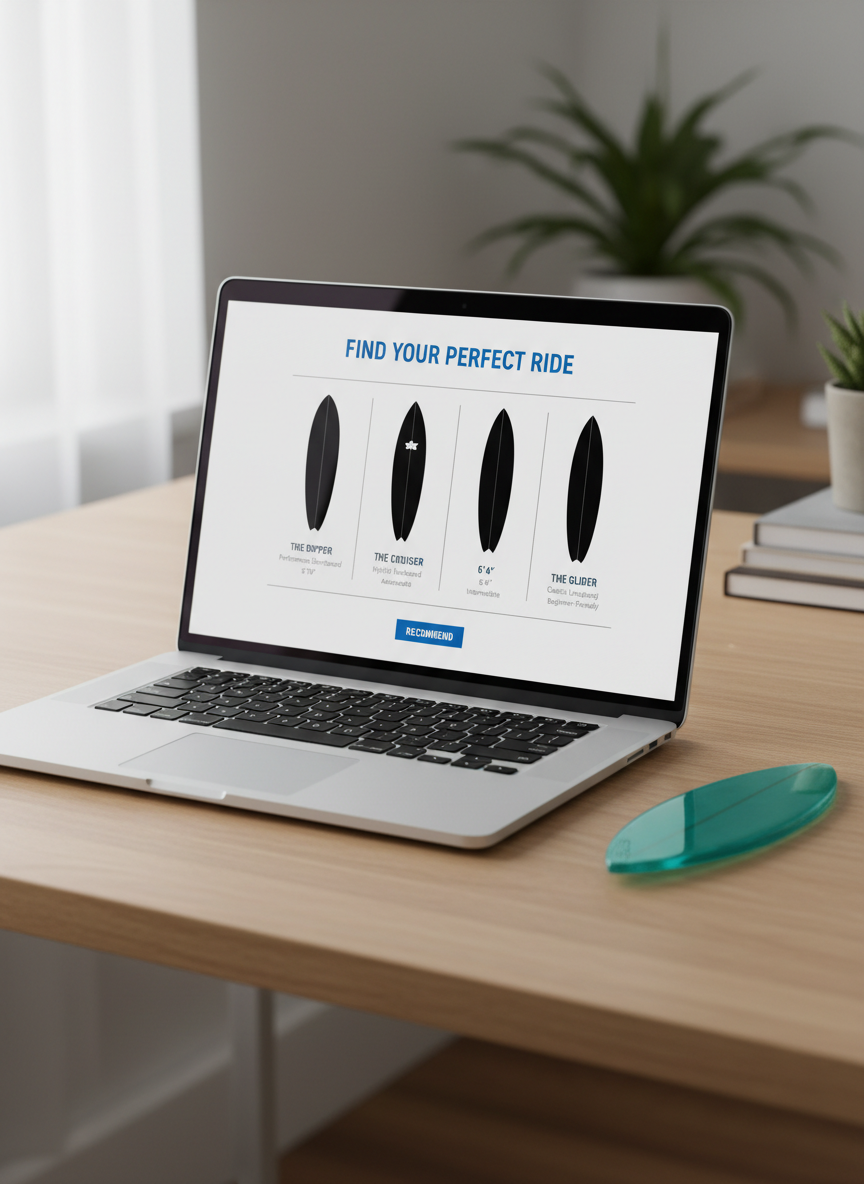 A sophisticated digital “personal surfboard recommendation” concept scene displayed on a slim, modern laptop resting on a light oak desk, no people present. On the laptop screen, a clean interface shows three photorealistic surfboard silhouettes with concise spec labels beneath each. Next to the laptop, a single, small resin-cast surfboard model in translucent teal sits on the desk, catching the light. Soft, indirect daylight from a nearby window creates gentle reflections on the laptop’s metallic edge and a subtle glow on the desk surface. Shot at a slightly elevated angle, the laptop screen is perfectly in focus while the background fades softly. The atmosphere is professional, tech-forward, and trustworthy, blending surf culture with modern digital tools in a realistic photographic style.