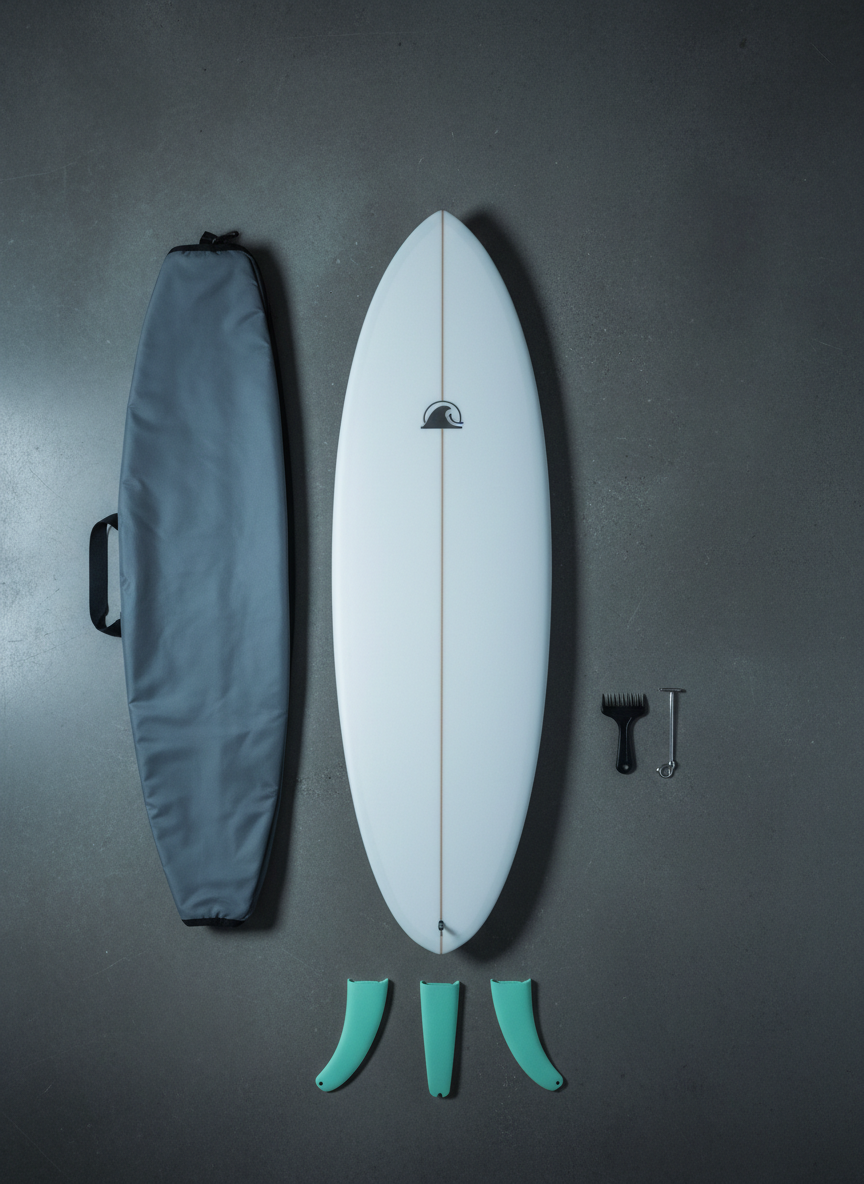 A carefully staged flat-lay of a “ready-to-sell” surfboard setup on a smooth, dark concrete floor. At the center, a pristine mid-length surfboard with a satin white finish and understated grey logo is positioned slightly off-center. Around it, neatly arranged accessories hint at marketplace listing details: a folded, slate-grey board bag, a small wax comb, a fin key, and a set of mint-green fins aligned precisely. Cool, diffused studio lighting from above creates soft, even illumination with subtle shadows giving depth but no harsh contrast. Shot from a perfect bird’s-eye view, everything in sharp focus, the composition is clean, modern, and professional, evoking a trustworthy platform for buying and selling surfboards in realistic photographic style.
