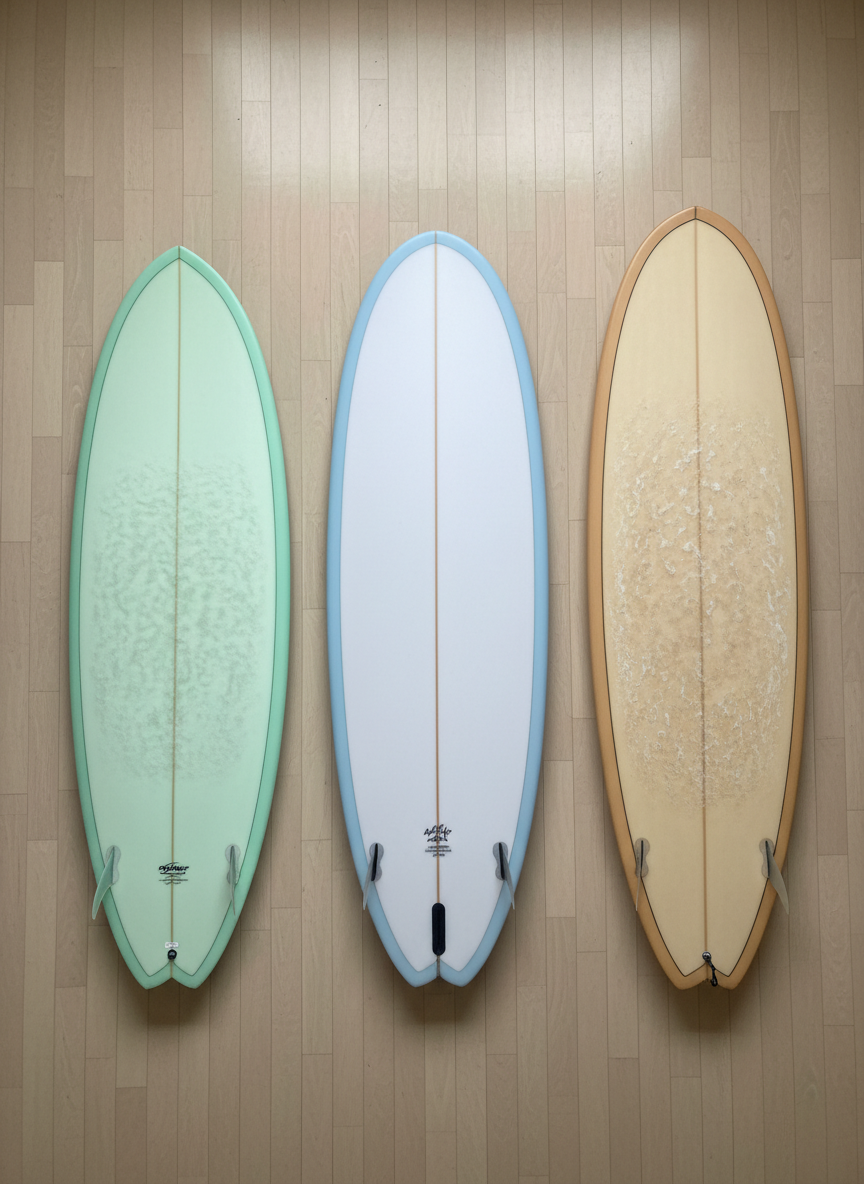 A neatly organized surfboard comparison layout on a smooth, pale wooden floor: three distinct boards—a compact fish, a versatile funboard, and a long, classic log—aligned parallel with ample spacing. Each surfboard has clearly differentiated shapes, volumes, and colors: soft pastel mint, clean white, and warm sand beige. Beside each tail lies a small, tidy cluster of fins. Soft, overcast window light illuminates the scene evenly, minimizing harsh shadows and making all details clearly visible. Captured from a high, nearly top-down angle with sharp focus across the entire frame, the composition feels balanced, analytical, and professional, ideal for communicating a recommendation or comparison feature in a photographic realism style.
