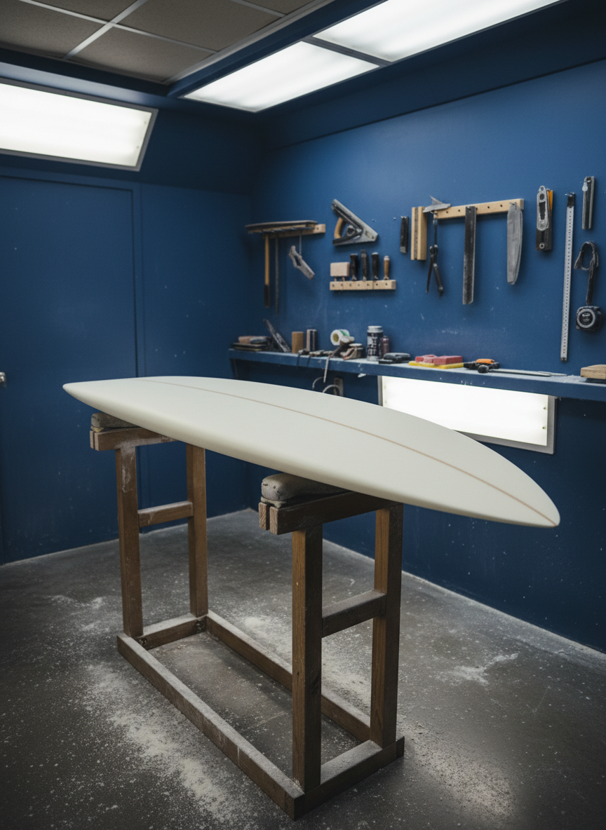 A high-end surfboard shaping bay without any people, focused on a nearly finished blank suspended on shaping racks. The blank has smooth, freshly sanded foam with precise rails and a slightly pointed nose, lightly dusted with white foam powder on the floor below. The walls are painted a deep, matte blue, and neatly organized shaping tools hang in the background. Overhead fluorescent lights cast a bright, even glow, creating crisp highlights along the board’s curve and clear, defined shadows beneath. Captured from a low, three-quarter angle, the surfboard dominates the frame while the workshop softly falls out of focus behind. The mood is technical, meticulous, and professional, emphasizing craftsmanship and expertise in a realistic, cinematic photograph.