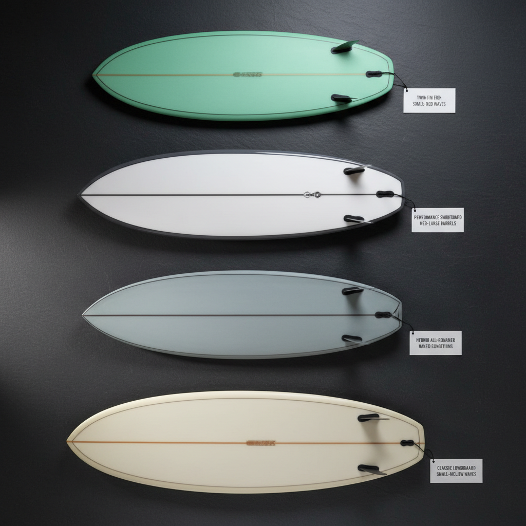 An overhead view of a precisely arranged surfboard quiver optimized for varying conditions, laid out on a smooth, dark slate backdrop. From top to bottom: a compact twin-fin fish in matte seafoam green, a performance shortboard in glossy white with charcoal rails, a hybrid board in soft grey-blue, and a longboard in creamy off-white with a polished wooden stringer. Each board is labeled by small, clean, card-like tags placed near the tail, showing minimal specs. A single, soft studio light from the left creates controlled highlights and defined but gentle shadows, enhancing contours and volume. The composition is symmetrical and highly organized, all elements tack-sharp, creating a professional, catalog-like photograph ideal for a surfboard selection or recommendation feature.