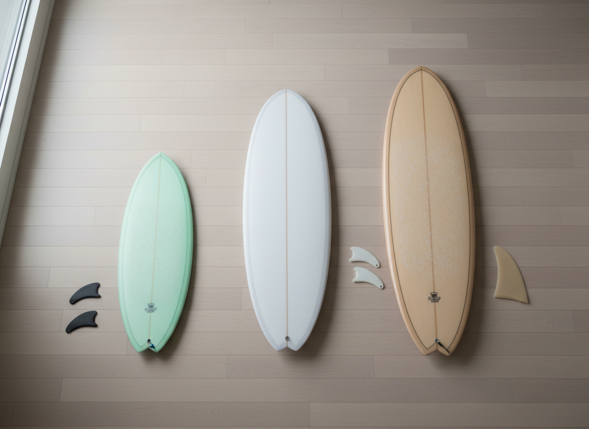 A neatly organized surfboard comparison layout on a smooth, pale wooden floor: three distinct boards—a compact fish, a versatile funboard, and a long, classic log—aligned parallel with ample spacing. Each surfboard has clearly differentiated shapes, volumes, and colors: soft pastel mint, clean white, and warm sand beige. Beside each tail lies a small, tidy cluster of fins. Soft, overcast window light illuminates the scene evenly, minimizing harsh shadows and making all details clearly visible. Captured from a high, nearly top-down angle with sharp focus across the entire frame, the composition feels balanced, analytical, and professional, ideal for communicating a recommendation or comparison feature in a photographic realism style.
