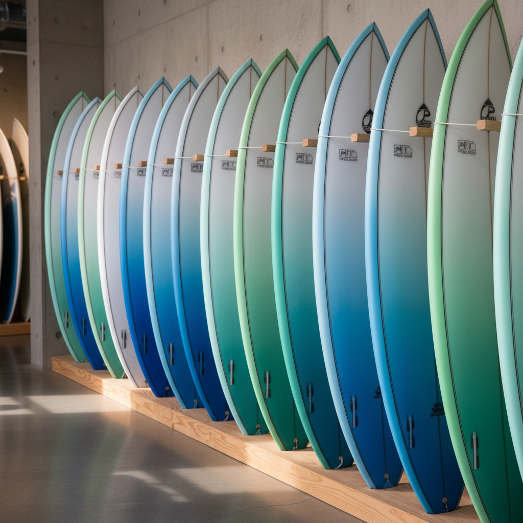 A row of meticulously arranged modern surfboards standing upright in a bright, minimalist showroom. Each board features clean, professional designs: crisp white fiberglass, subtle matte logos, and a gradient of oceanic blues and teals. They rest on a smooth, light-wood rack against a neutral concrete wall. Soft, diffused natural light enters from an unseen window, creating gentle reflections on the polished surfaces and faint shadows on the floor. Photographed at eye level with a slight angle down the line of boards, the foreground in sharp focus and the background softly blurred. The atmosphere is professional, clean, and trustworthy, conveying a premium surfboard marketplace in photographic realism.