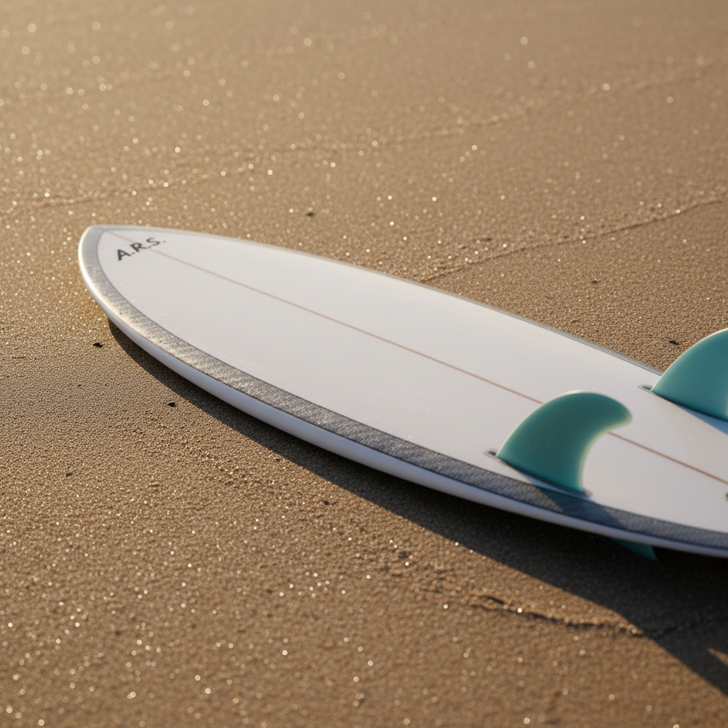 A close-up of a single high-performance shortboard surfboard lying diagonally on a clean, textured sand background, partially dusted with fine grains. The board has a sleek white deck with subtle carbon-fiber rails, three glossy fins in muted aqua, and a minimal black logo near the nose. Soft golden-hour sunlight washes across the scene from the upper left, creating delicate highlights along the rail and gentle shadows of the fins on the sand. Shot from a slightly elevated top-down perspective with a shallow depth of field, the tail in crisp focus and the nose falling gently out of focus. The mood is aspirational yet professional, emphasizing quality craft and performance in a realistic, editorial-style photograph.