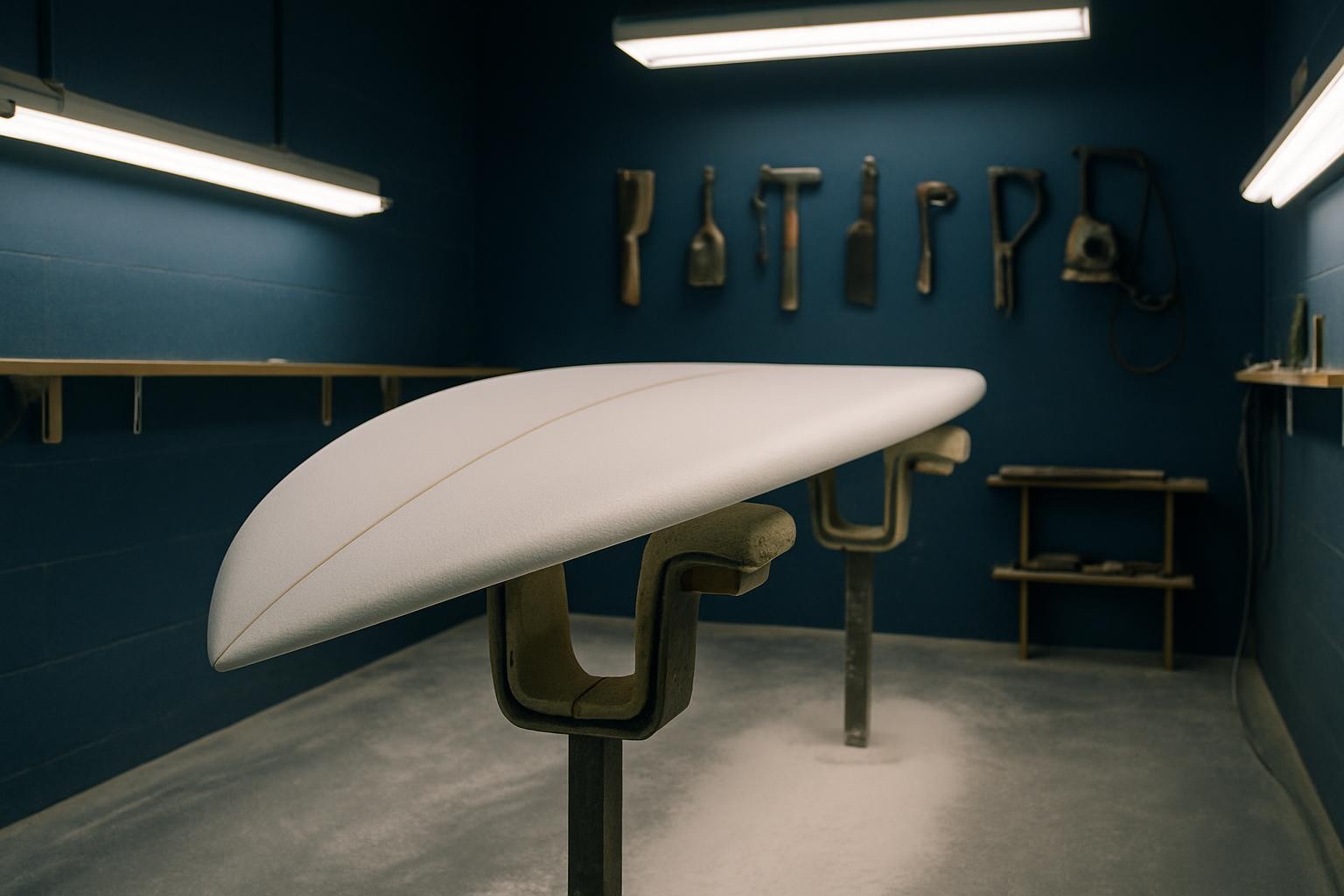 A high-end surfboard shaping bay without any people, focused on a nearly finished blank suspended on shaping racks. The blank has smooth, freshly sanded foam with precise rails and a slightly pointed nose, lightly dusted with white foam powder on the floor below. The walls are painted a deep, matte blue, and neatly organized shaping tools hang in the background. Overhead fluorescent lights cast a bright, even glow, creating crisp highlights along the board’s curve and clear, defined shadows beneath. Captured from a low, three-quarter angle, the surfboard dominates the frame while the workshop softly falls out of focus behind. The mood is technical, meticulous, and professional, emphasizing craftsmanship and expertise in a realistic, cinematic photograph.